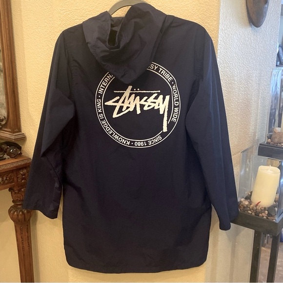STUSSY Navy Graphic Lightweight Snap Button Hoodie Jacket Size Small-Unisex - Picture 1 of 9